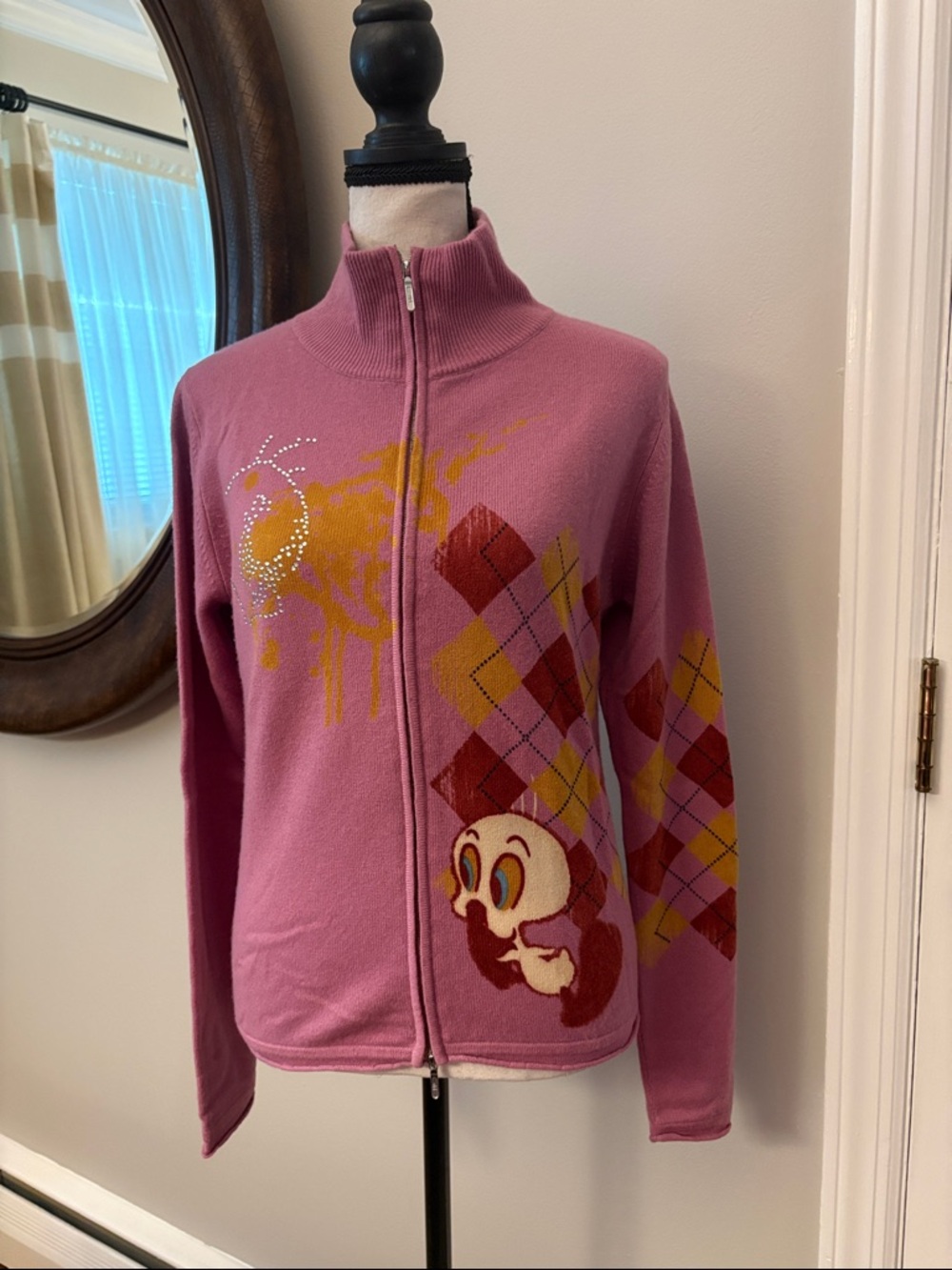 Pink Zip-Up Cashmere Sweater Jacket with Graphic Tweety Bird and  Argyle